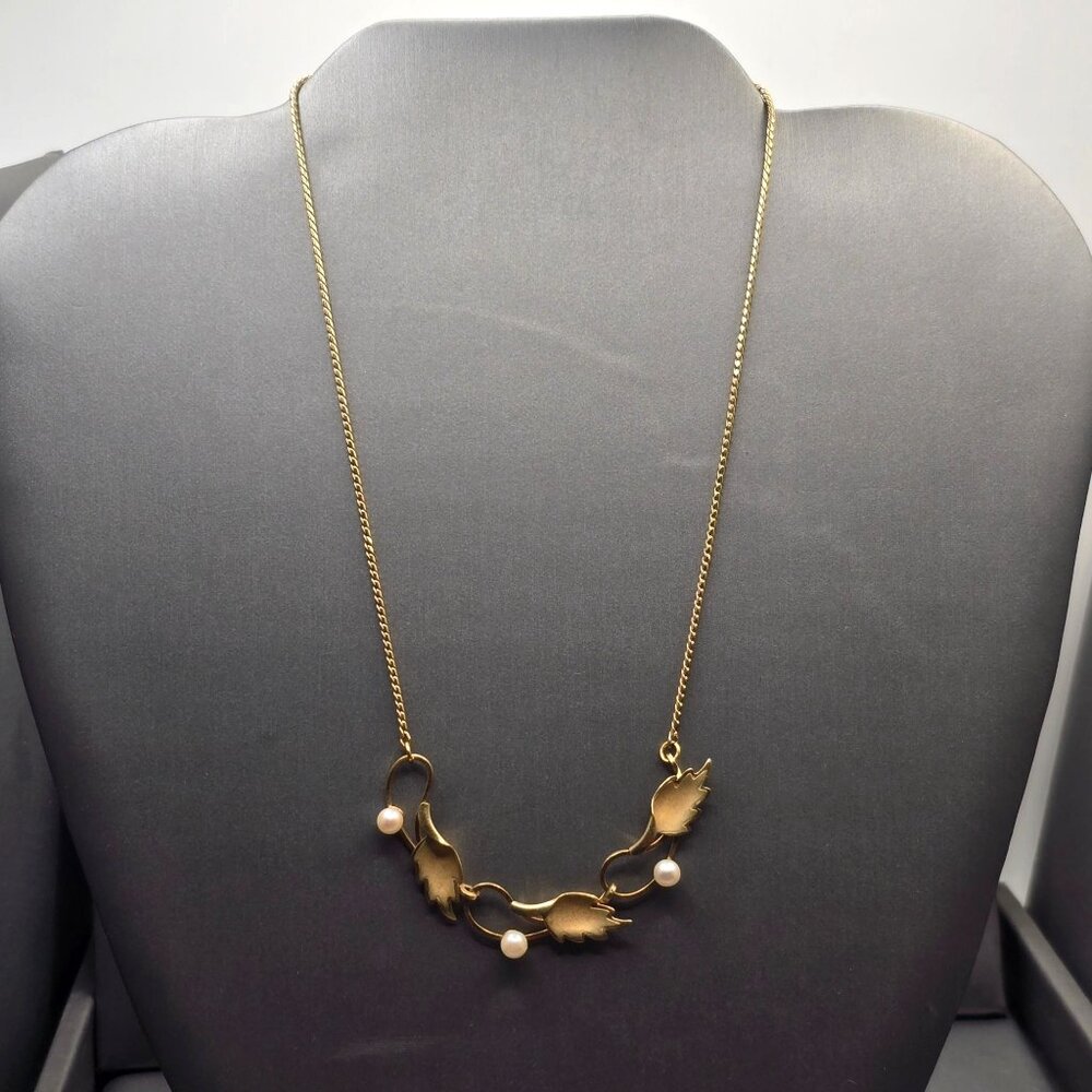 VTG De Curtis DEC 14K Gold Filled Pearl Leaf Choker Necklace 14" Mid‑Century 50s - Picture 3 of 16